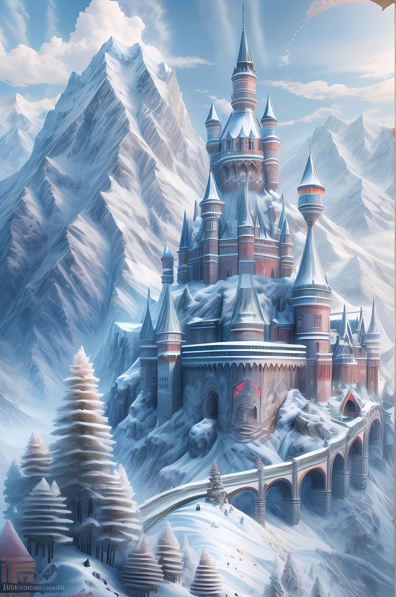 a panoramic illustration of a castle made from ice standing on the peak of a snowy mountain, an impressive best detailed castle made from ice (masterpiece, extremely detailed, best quality), with towers, bridges, a moat filled with water, standing on top of a snowy mountain (masterpiece, extremely detailed, best quality), with pine trees, daylight, sun rays, some clouds in the air,  alpine mountain range background, best realistic, best details, best quality, 16k, [ultra detailed], masterpiece, best quality, (extremely detailed), ultra wide shot, photorealism, depth of field,