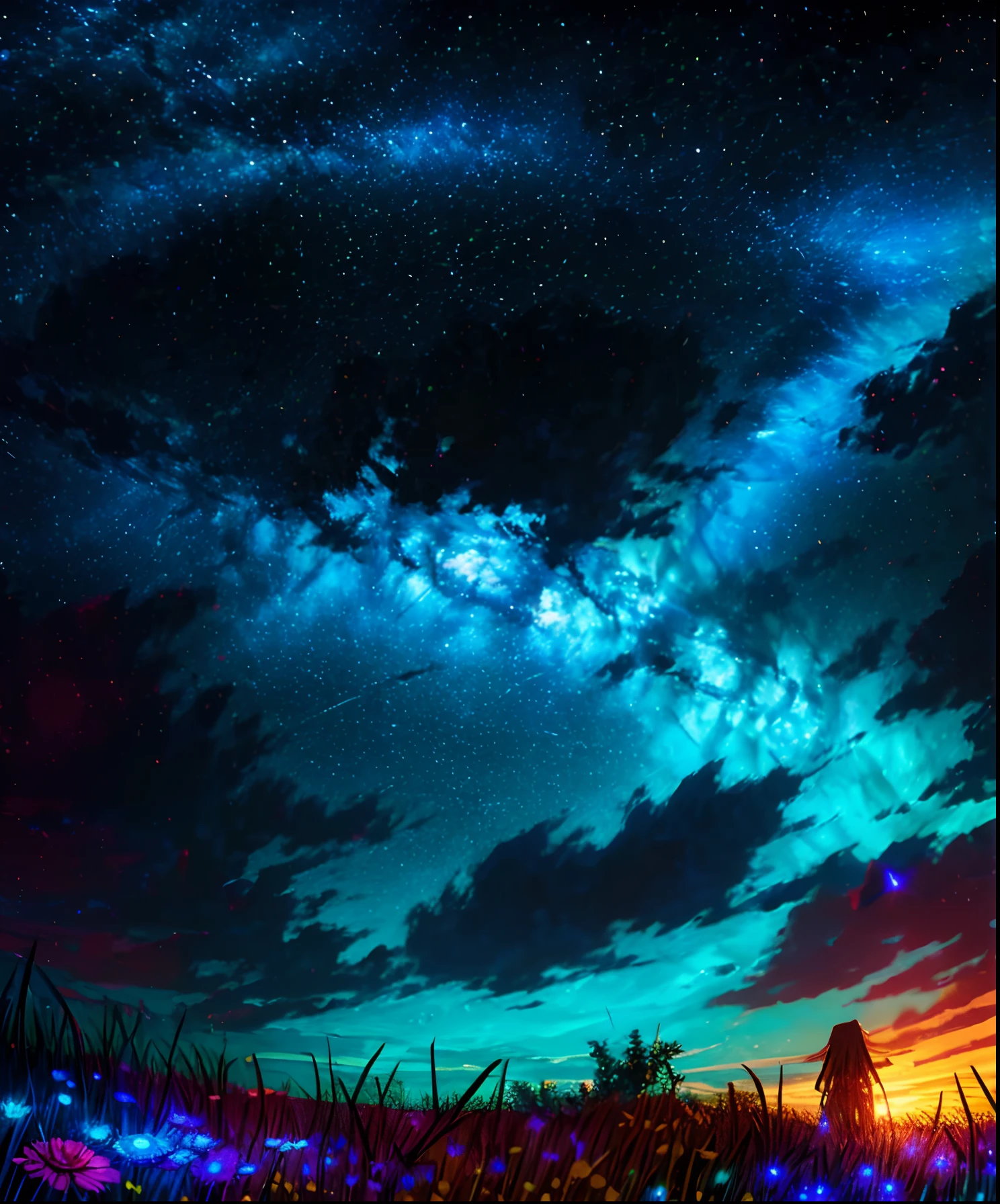 Describe a scene where a cute girl character is lying on a grassy hill, Looking up at the starry sky. Surround her with colorful nebulae and her favorite constellations.