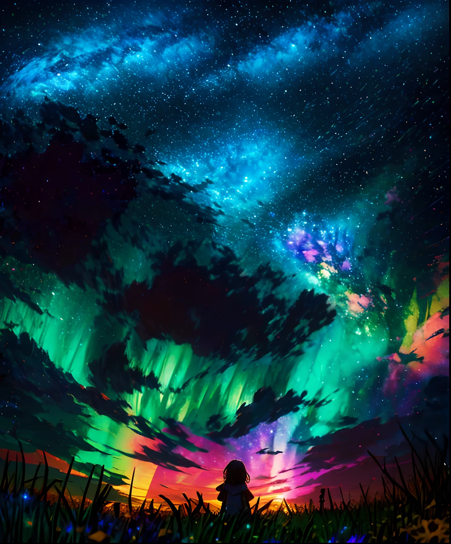 Describe a scene where a cute girl character is lying on a grassy hill, Looking up at the starry sky. Surround her with colorful nebulae and her favorite constellations.