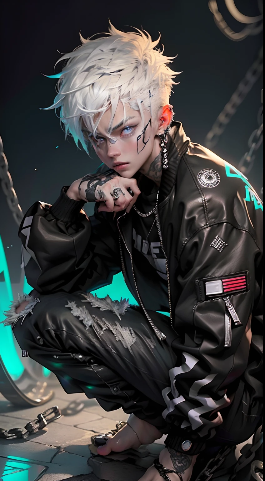 handsome kpop faceHifh detail kpop boy, with gemini sign tattoo, chains, slim body, fade cut white hair with white neon streaks , eyeballs blue eyes, straight up serious pose, big sized white jogging pants, cool open jacket, small body, stretching, happy face with fangs, black and white background