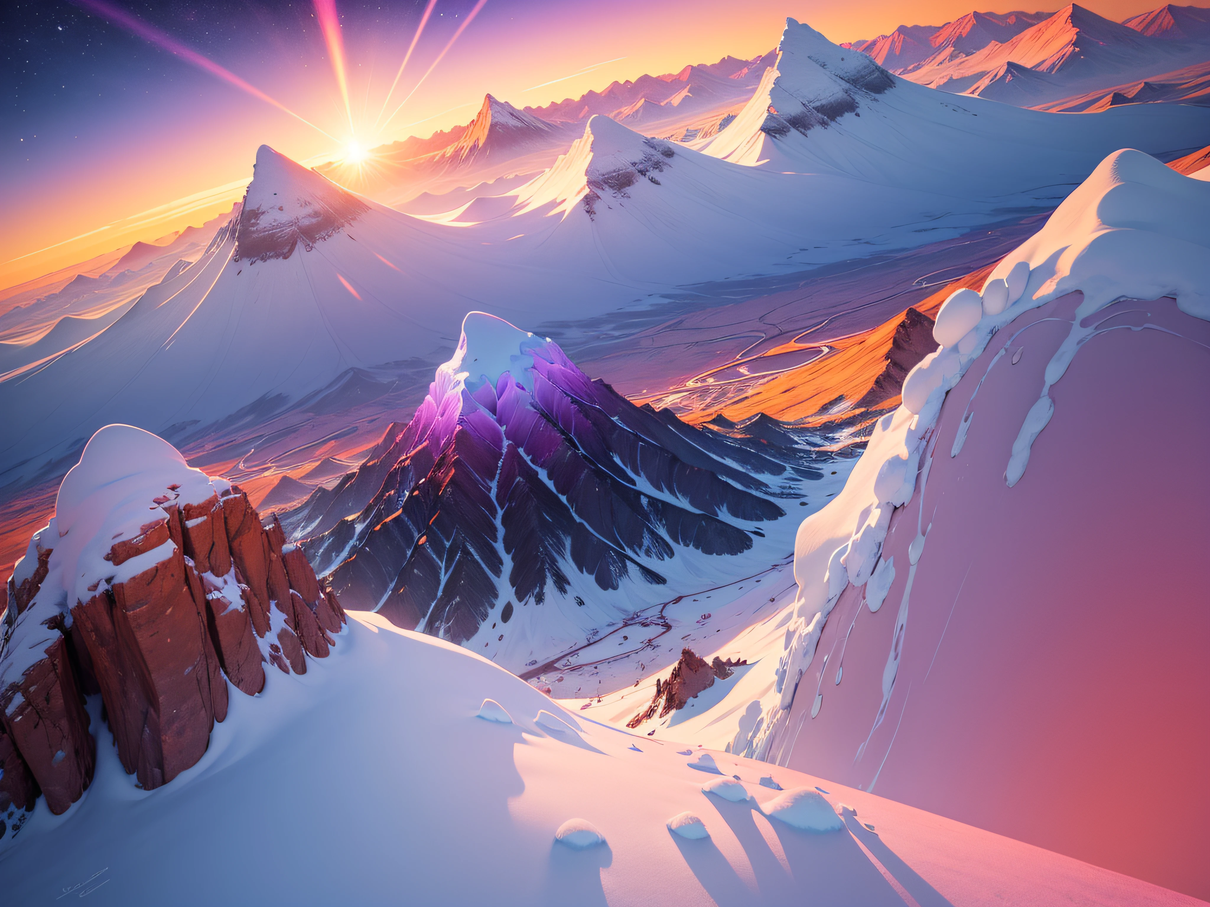 The sun dips below the horizon, casting a vibrant spectrum of colors upon a snow-capped mountain, creating a surreal and dreamlike atmosphere, with hues of pink, purple, and orange blending harmoniously, evoking a sense of tranquility and peace, captured in an anime-inspired style, featuring soft, flowing lines and vibrant, saturated hues.