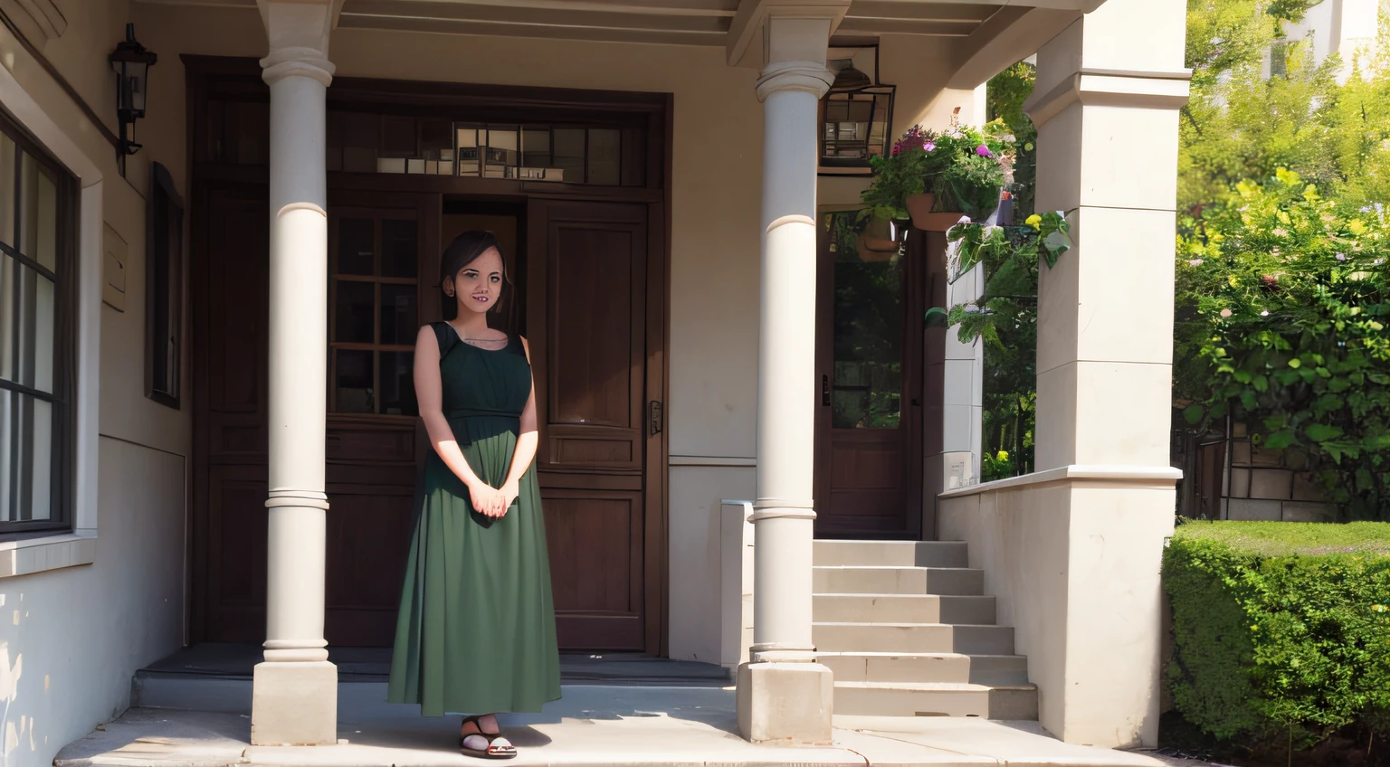 One in his forties,A woman in a dark green dress stands on the steps to the doorway. Speak with your mouth open.