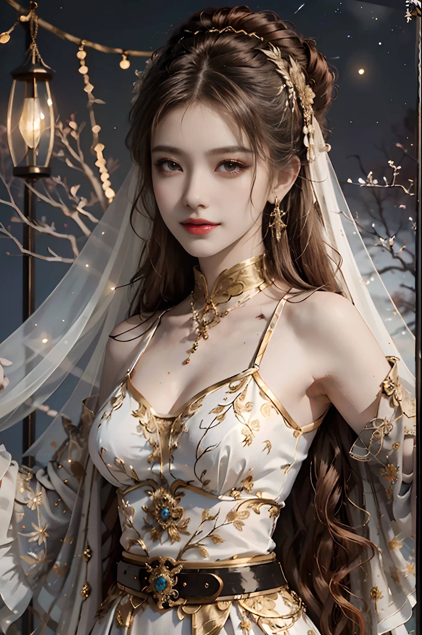 ((upper body)), ((realistic)), ((from side)), (Close up), 1 Asian female model, A young girl, the night, starrysky, (In the gazebo, Standing posture, leaning against pillars), pretty pose, Eye-catching poses, Detailed scenes, Coiled hair, (Hairpins, Beautiful hair accessories), Brownish-yellow hair, light make-up, Blushlush, pretty legs, ((White and red costumes, high-waist, Gold trimmed belt, high-heels)), ((warm lights, a warm color palette)), (Extremely high color saturation), Detailed details, ultra-detailliert, (tmasterpiece, best qualtiy), (An extremely delicate and beautiful work), Delicate earrings, Delicate necklace, Simple blurred background, Extreme detail description, Ultra-fine painting, Delicate face, slim toned body, Slimming the waist, (ssmile), (anatomy correct)