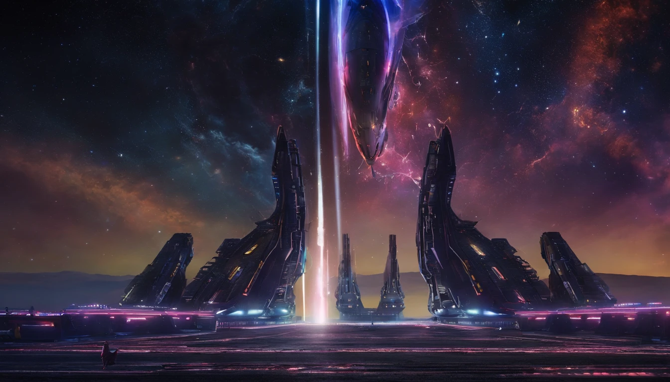 ((Masterpiece)),(Best quality)),Magnificent space image scene,heavenly body,Interstellar,Huge star gates,(((Huge starship))),Spaceship,Shining starry sky,8K,super-fine,high qulity