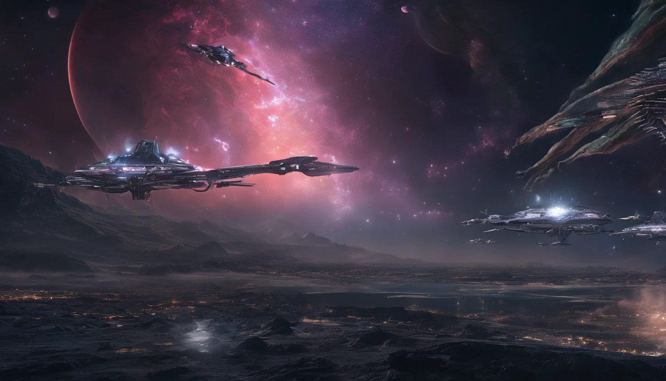 ((Masterpiece)),(Best quality)),Magnificent space image scene,heavenly body,Interstellar,Huge star gates,(((Huge starship))),Spaceship,Shining starry sky,8K,super-fine,high qulity