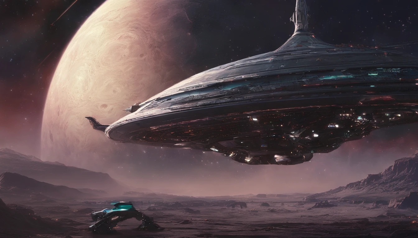 ((Masterpiece)),(Best quality)),Magnificent space image scene,heavenly body,Interstellar,Huge star gates,(((Huge starship))),Spaceship,Shining starry sky,8K,super-fine,high qulity
