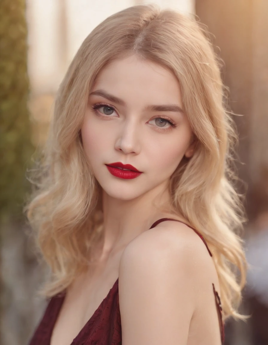 (8k, 4k, best quality, highres, ultra high res:1.1), (masterpiece, realistic, photo-realistic:1.1), 1girl, face, close-up,, blonde hair, black eyes, red lips, Eyeliner, hot girl,(looking at viewer:2), absurdly long hair, long eyelashes, eyeshadow, small face, big eyes,bare shoulders,high contrast,