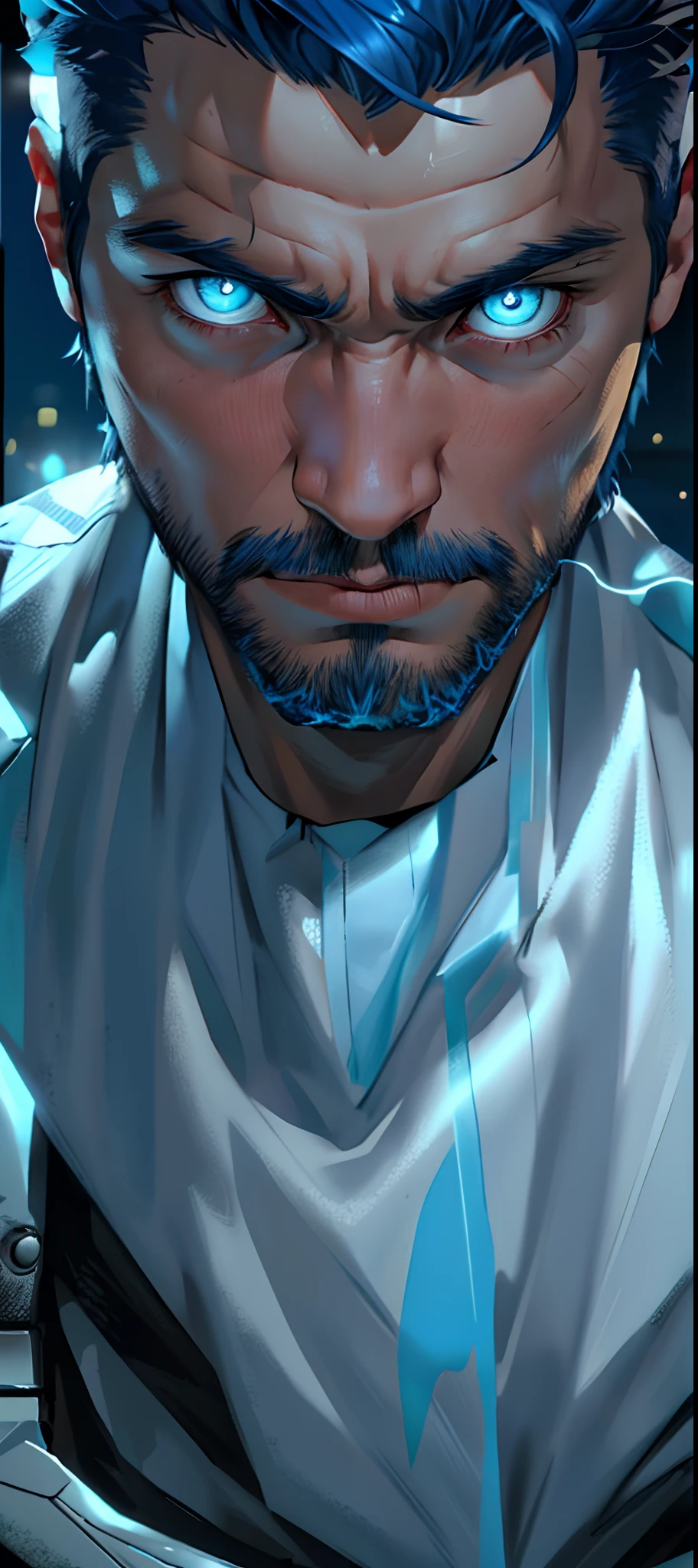 Tarantino style male character with super power to control water, blue hair, blue eyes, 8k white skin, high definition, detailed face, detailed face, detailed eyes, hyper-realistic, + cinematic plan + dynamic composition, incredibly detailed, sharpness, detail + superb details + night with light + perfectionism + award-winning realism ((ambient lighting))