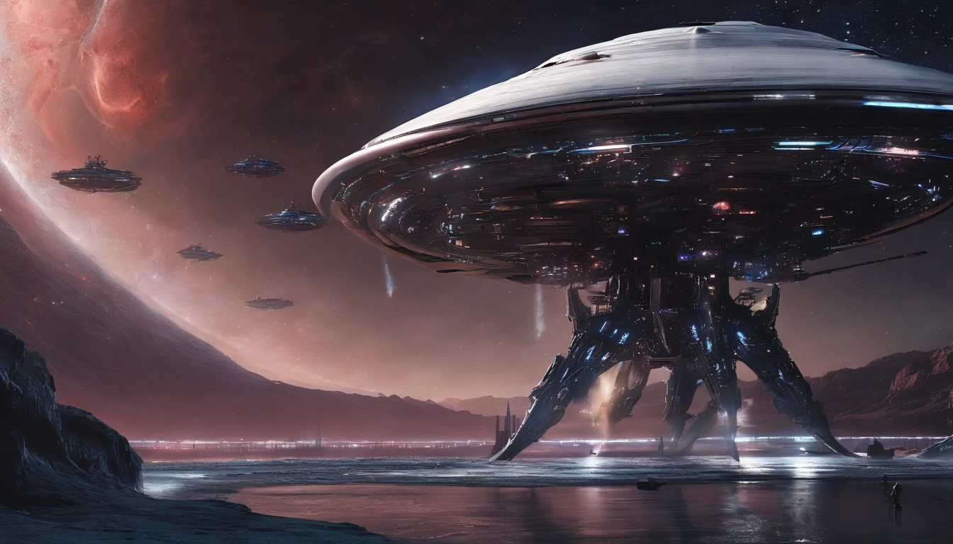 ((Masterpiece)),(Best quality)),Magnificent space image scene,heavenly body,Interstellar,Huge star gates,(((Huge starship))),Spaceship,Shining starry sky,8K,super-fine,high qulity