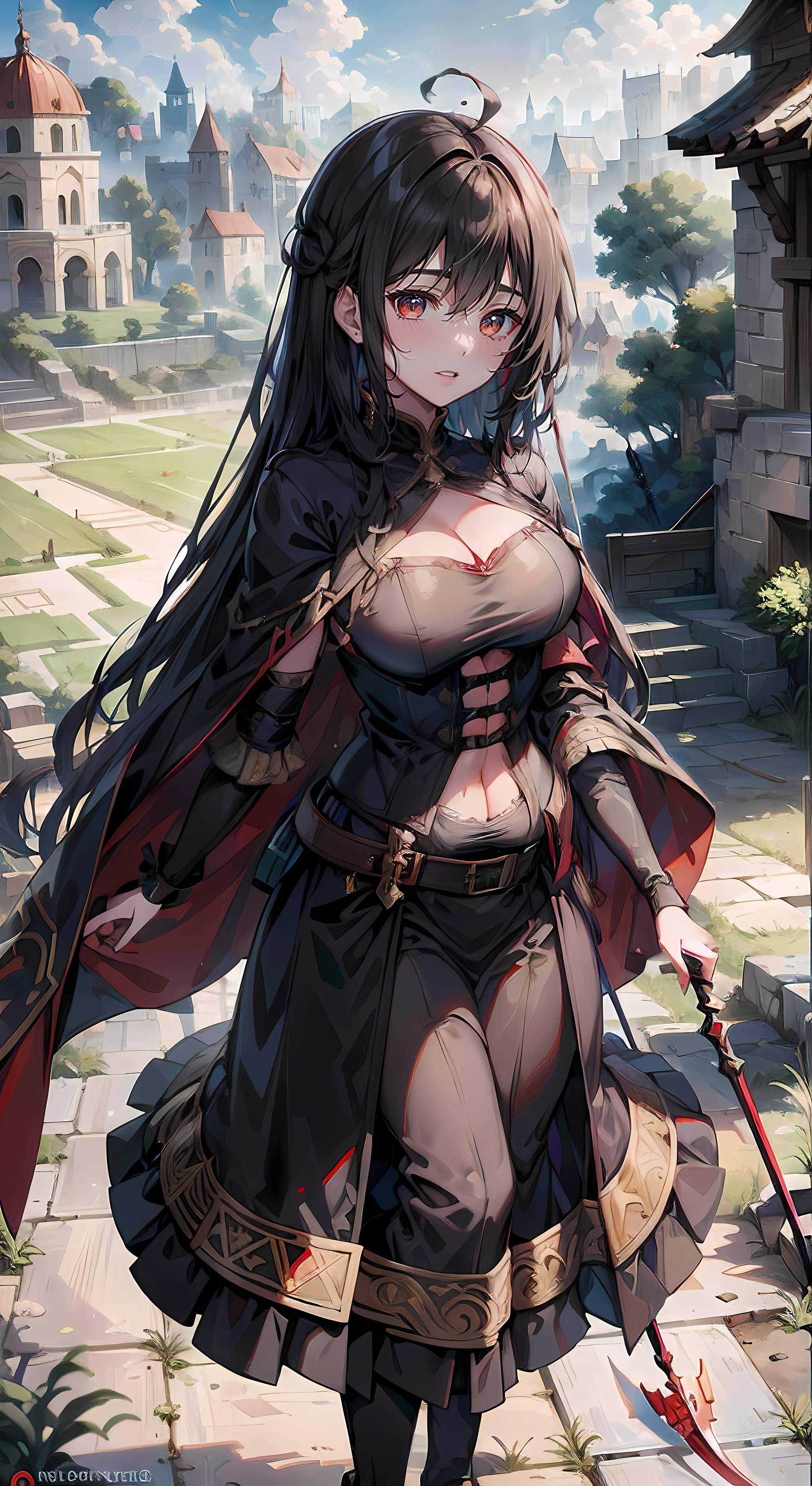 Lily Collins with black curly hair and red hood, Medieval clothes, Bow and arrow in hand, Enter the arena landscape filled with grandstands,The audience watching the illustrations is detailed, Smooth and bright, HD art,Delicate facial features,Shy,Look at the audience