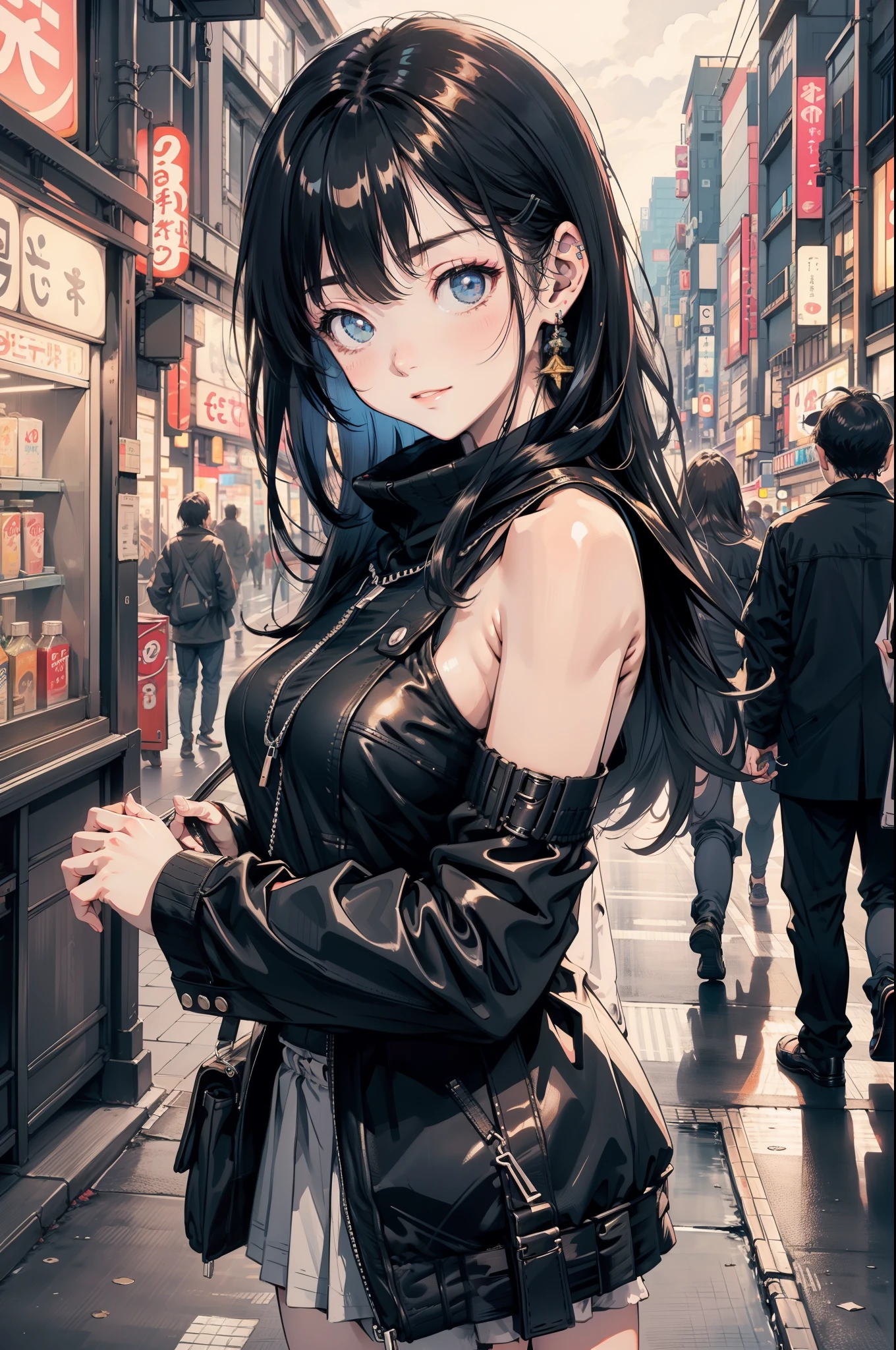 Anime girl standing on a city street wearing a leather skirt and black erotic underwear, Ilya Kuvshinov with long hair, Guviz style artwork, Anime Art Wallpapers 8K, (Beautifully detailed face),(Beautiful attention to detail),Art Station「Pysif」Mr. Gwitz, ピシブArt Stationのグウィズ, Cyberpunk anime art