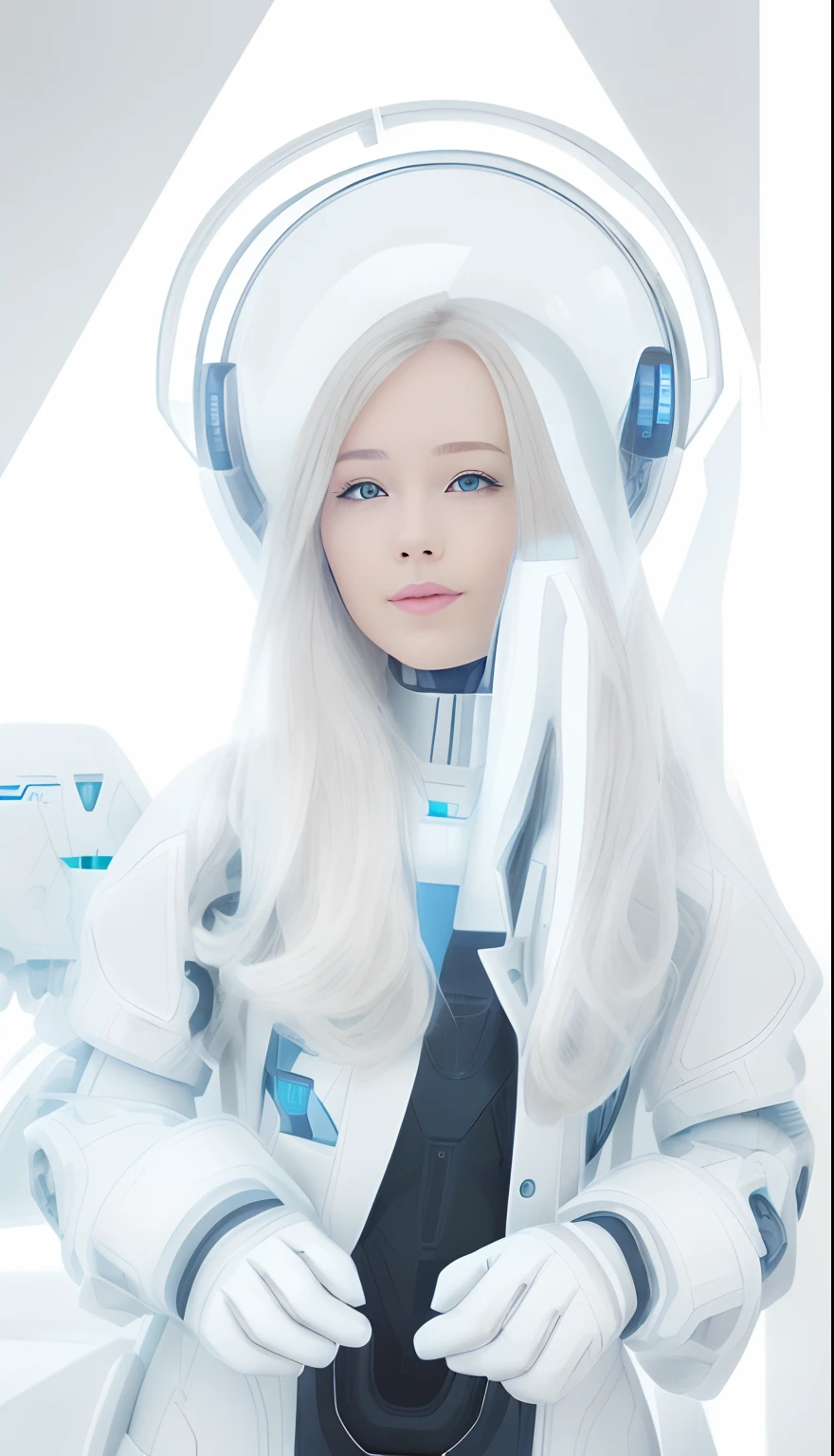 there is a woman in a futuristic suit posing for a picture, portrait beautiful sci - fi girl, beutiful white girl cyborg, beautiful female android, beutiful girl cyborg, sci-fi android female, beautiful android woman, cute cyborg girl, girl in mecha cyber armor, portrait armored astronaut girl, beautiful female cyborg, beautiful woman in spacesuit, in white futuristic armor