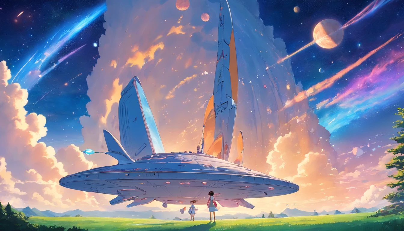 ((Masterpiece)),(Best quality)),Magnificent space image scene,heavenly body,Interstellar,Huge star gates,(((Huge starship))),Spaceship,Shining starry sky,fisheyelens,8K,super-fine,high qulity