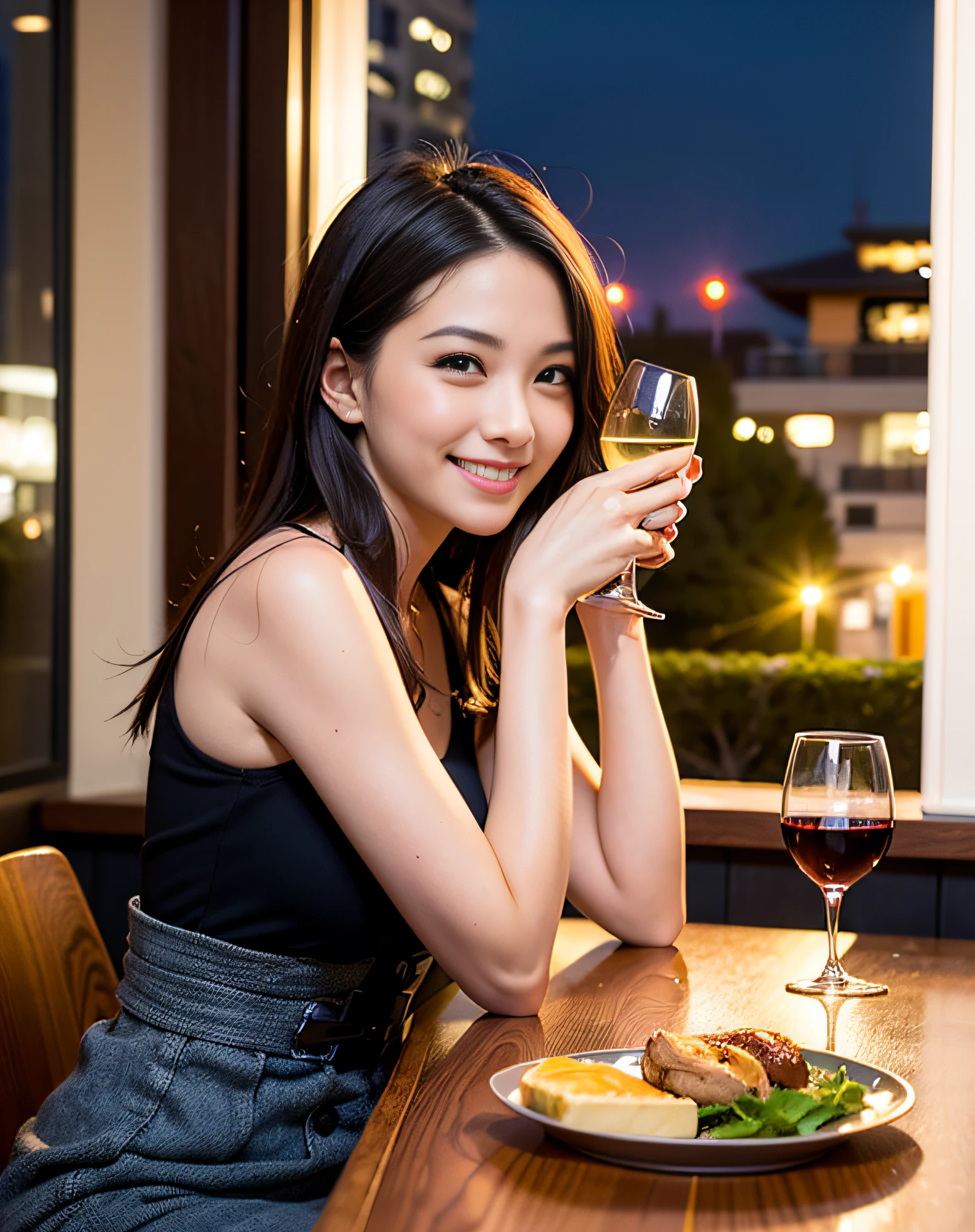 (64K, UHD, top quality, masterpiece: 1.2), (realistic, photorealistic: 1.37), super detailed, pretty woman 1 person, (slim face), (slim body), (brown hair), (short cut), cheeks slightly blushing, (44 years old), 38 years old, solo, beautiful detailed urban night view outside the window, restaurant, wine glasses sit, at night, in a prominent placeNovaFrogStyle, Actress, Model, Waist Up, White Wine, Slim, Wine Glass, Super Clean Night View, Wine Glass Put in the Middle, Happy Smile, (Smile: 1.15), Beautiful Fine Eyes, Upper Body, Bust Japan Up, Night, Short, Short, Actress, Model, Waist Up, White Wine, Slim, Wine Glass, Super Clean Night View, Wine Glass Put in the Middle, Happy Smile,