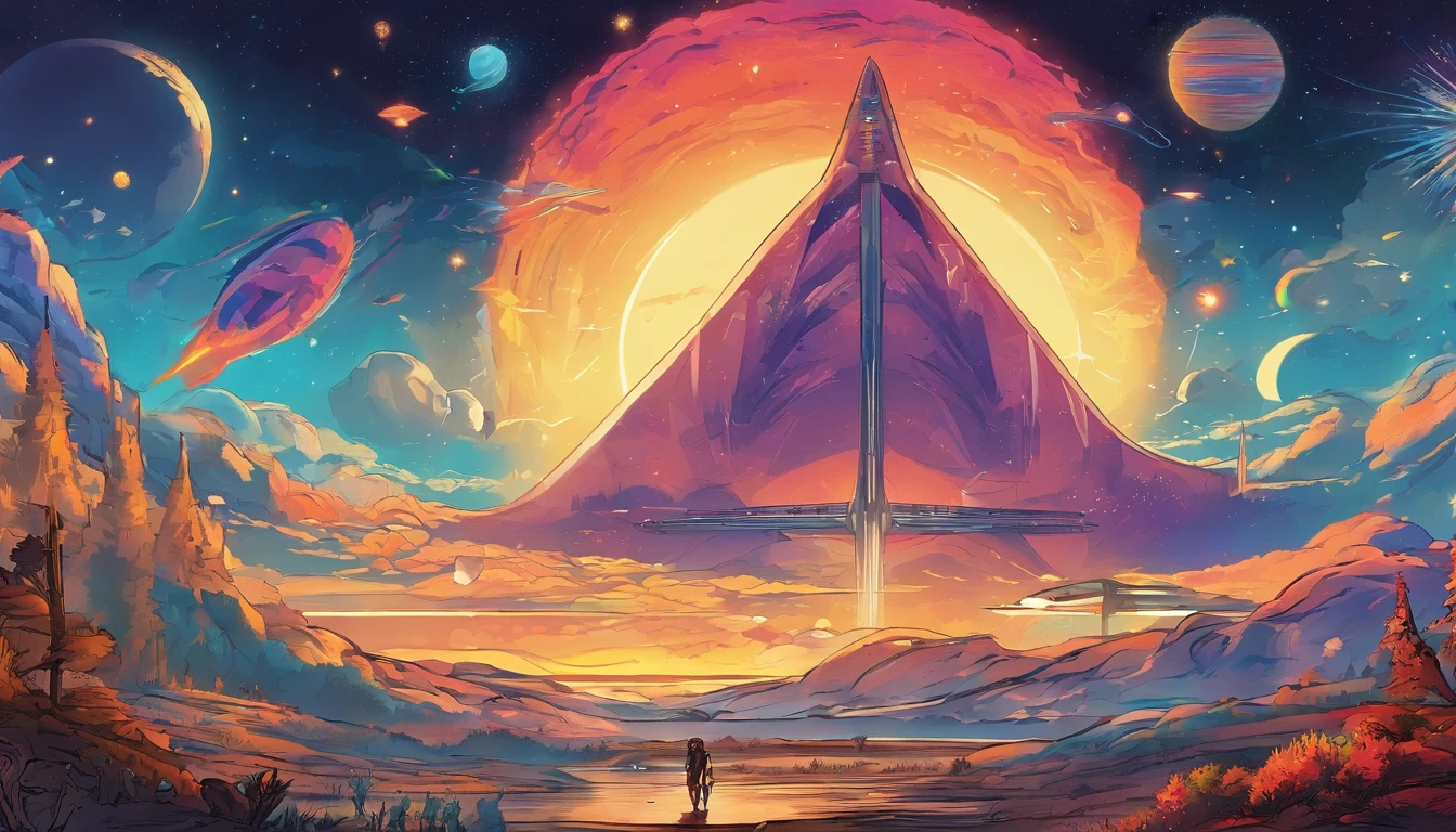 ((Masterpiece)),(Best quality)),Magnificent space image scene,heavenly body,Interstellar,Huge star gates,(((Huge starship))),Spaceship,Shining starry sky,fisheyelens,8K,super-fine,high qulity
