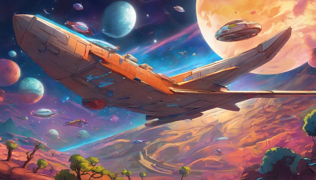 ((Masterpiece)),(Best quality)),Magnificent space image scene,heavenly body,Interstellar,Huge star gates,(((Huge starship))),Spaceship,Shining starry sky,fisheyelens,8K,super-fine,high qulity