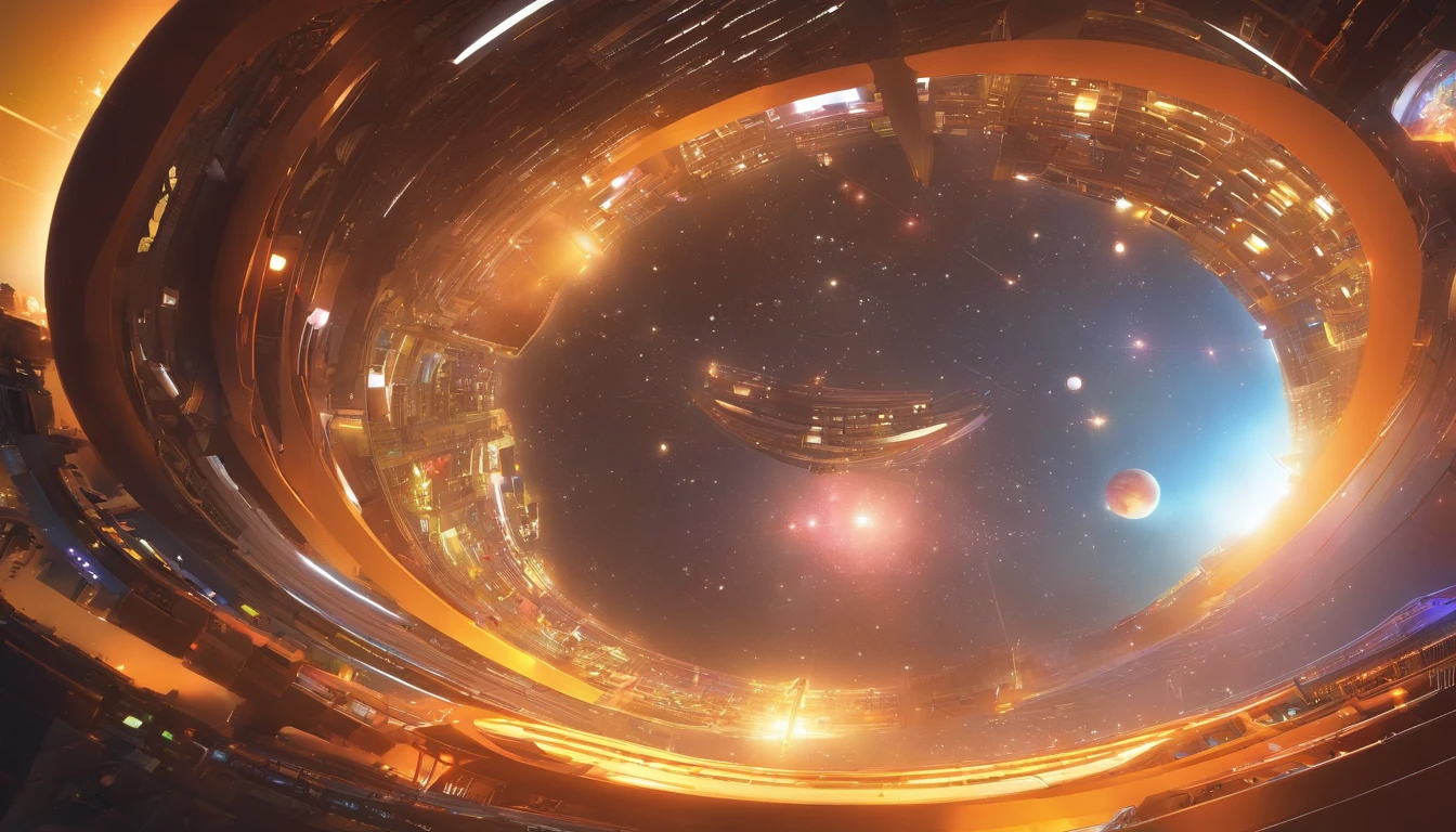 ((Masterpiece))，(Best quality))，Magnificent space image scene，heavenly body，Interstellar，Huge star gates，（（（Huge starship））），Spaceship，Shining starry sky，fisheyelens，8K，super-fine，high qulity