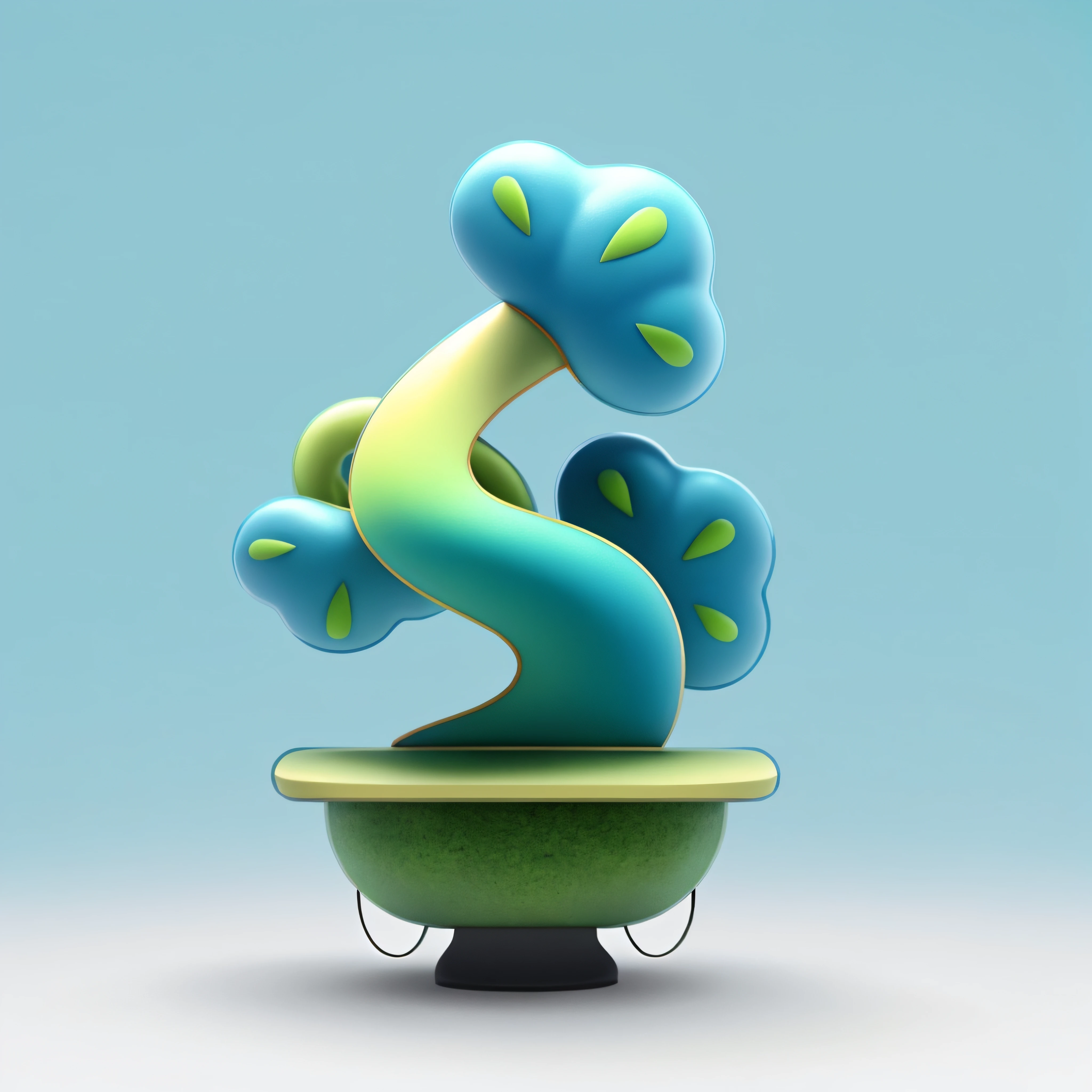 C4D swelling tree，Full tree，C4D expansive bonsai plant in blue pot on white background, Blue basin, Green tree bonsai tree, Light yellow trunk，fungus and plants, mushroom trees,  bonsai，Bonsai tree, mushroom, an alien mushroom with tentacles,Geometric style，blindbox，C4D，octaneratingrendering，claymaterial，Characters in bright colors，Clean color background