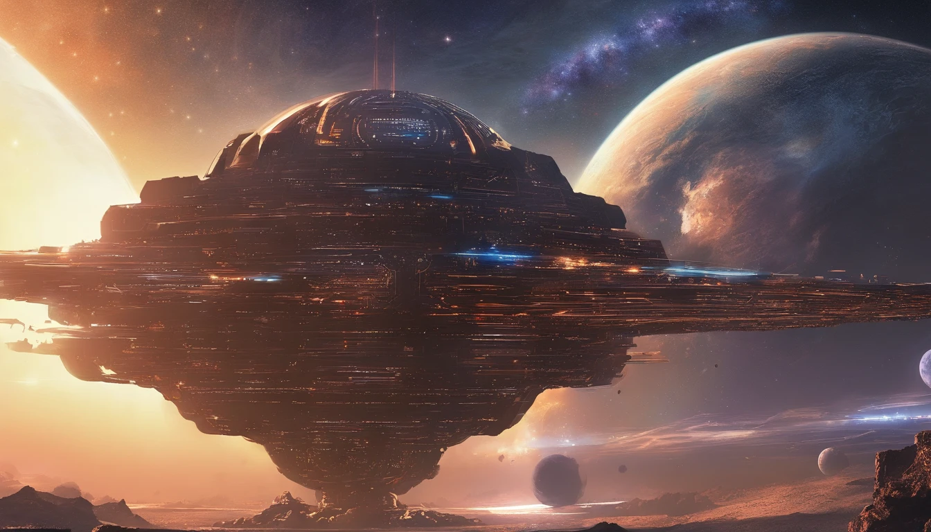 ((Masterpiece)),(Best quality)),Magnificent space image scene,heavenly body,Interstellar,Huge star gates,(((Huge starship))),Spaceship,Shining starry sky,fisheyelens,8K,super-fine,high qulity