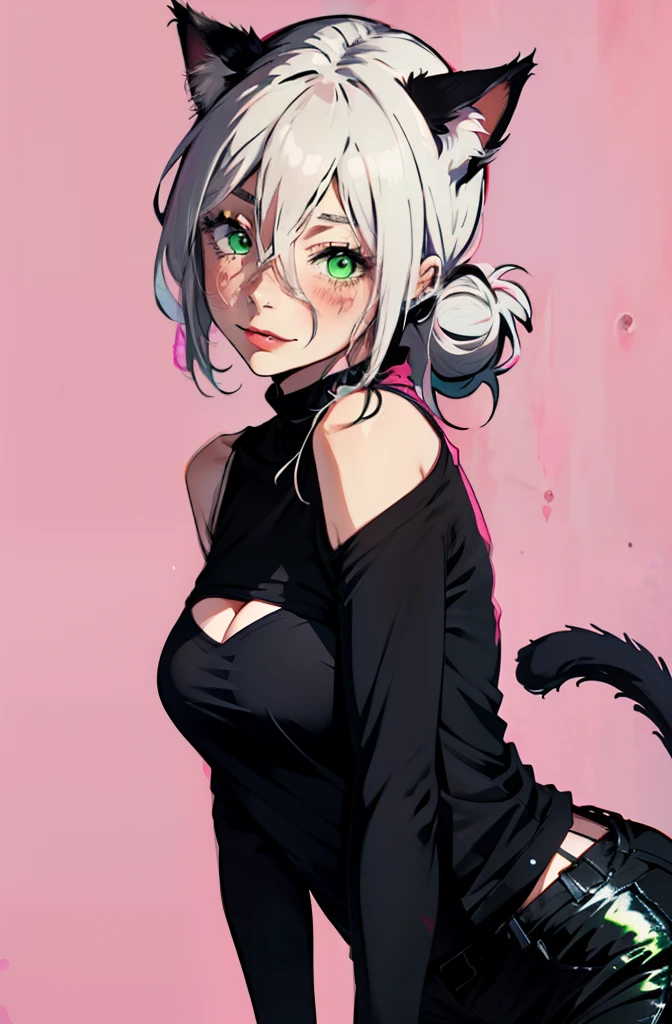 Girls and cats，Pink and black are the base colors，White hair，green-eyed，Two-dimensional girl，With cat ears，holding dagger，Long hair shawl，The background is a graffiti painted on a black wall in pink font