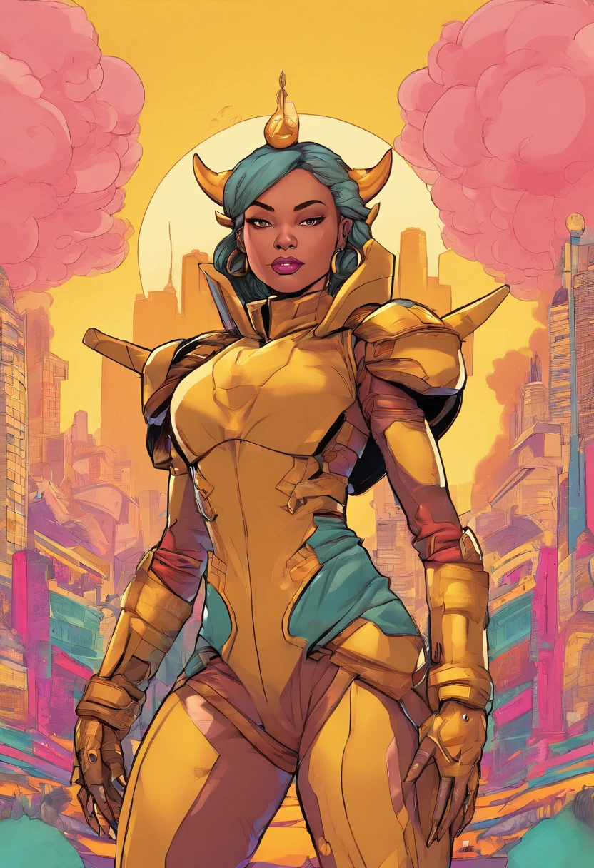 "Create an image of a female guardian in a highly exaggerated cartoon style with comically oversized features, particularly her slightly larger-than-life head. She wears a zany, futuristic, golden solar-powered full-body armor adorned with a star-shaped crest on her chest, and her dark hair is tied into an exaggerated bun. Despite the comical proportions, her face still carries a determined expression. The city street around her is a fantastical, eco-friendly metropolis with advanced solar technology seamlessly integrated into the whimsical architecture. This whimsically exaggerated guardian embodies the spirit of sustainability and protection in this playful, utopian urban setting."