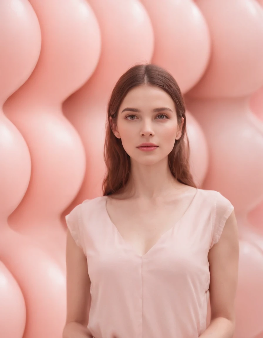young woman standing against group of divided spheres, pale pink background, high quality photography, full shot (medium close-up)