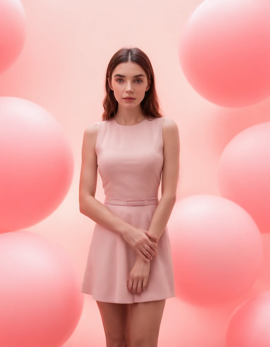 young woman standing against group of divided spheres, pale pink background, high quality photography, full shot (medium close-up)