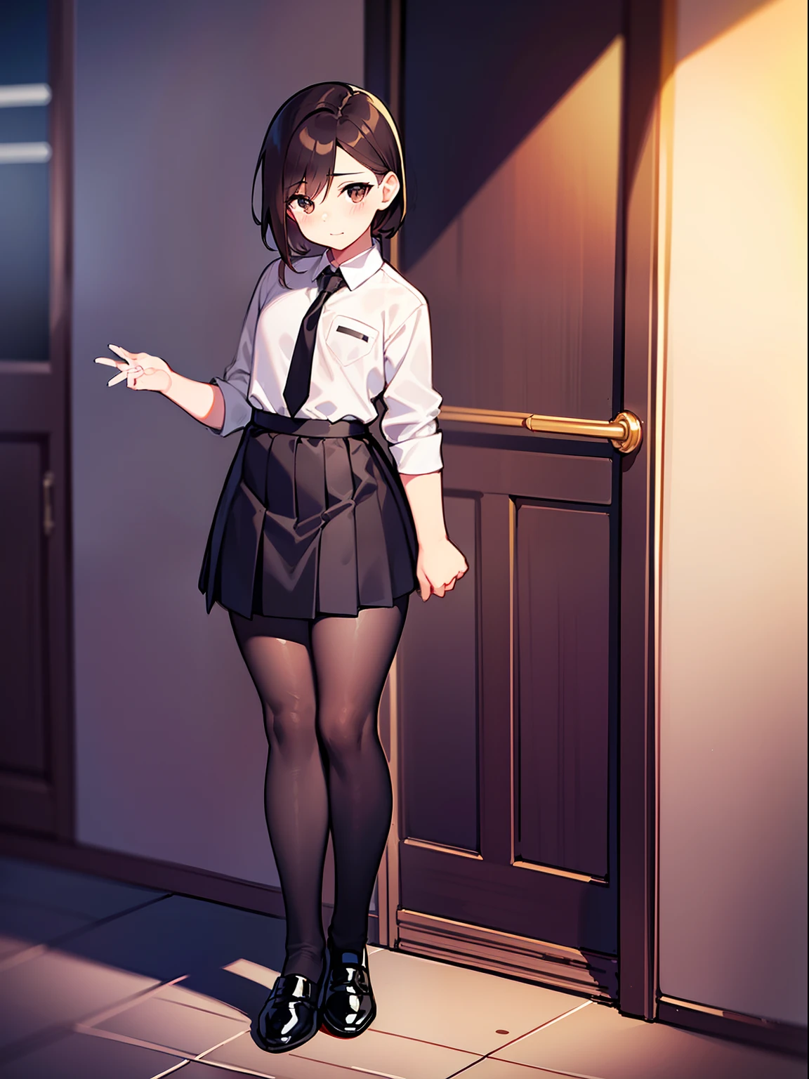 Very cute effeminate guy 17 years old; thick shoulder-length brown hair; big brown eyes, long eyelashes; Almost flat chest; Girls in school uniform (white shirt, black skirt, tie, Shoes); Full-length photograph from a short distance; anatomically accurate, Realistic textures, max detail