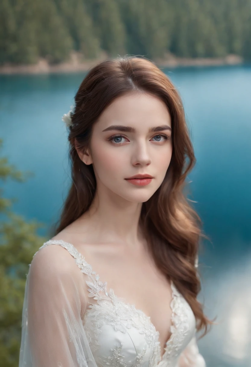 1 beautiful girl, (Realistic:1.3)upper body, standing photo, stand in front a blue lake, white wedding dress, soft dress, brown hair, blue eyes, wavy hair, masterpiece, diffuse soft film lighting, portrait, best quality (perfect face:1.4), ultra-realistic highly detailed intricate realistic simulation style photo sharply focused on eyes, cinematic lighting, studio shot, gorgeous pose