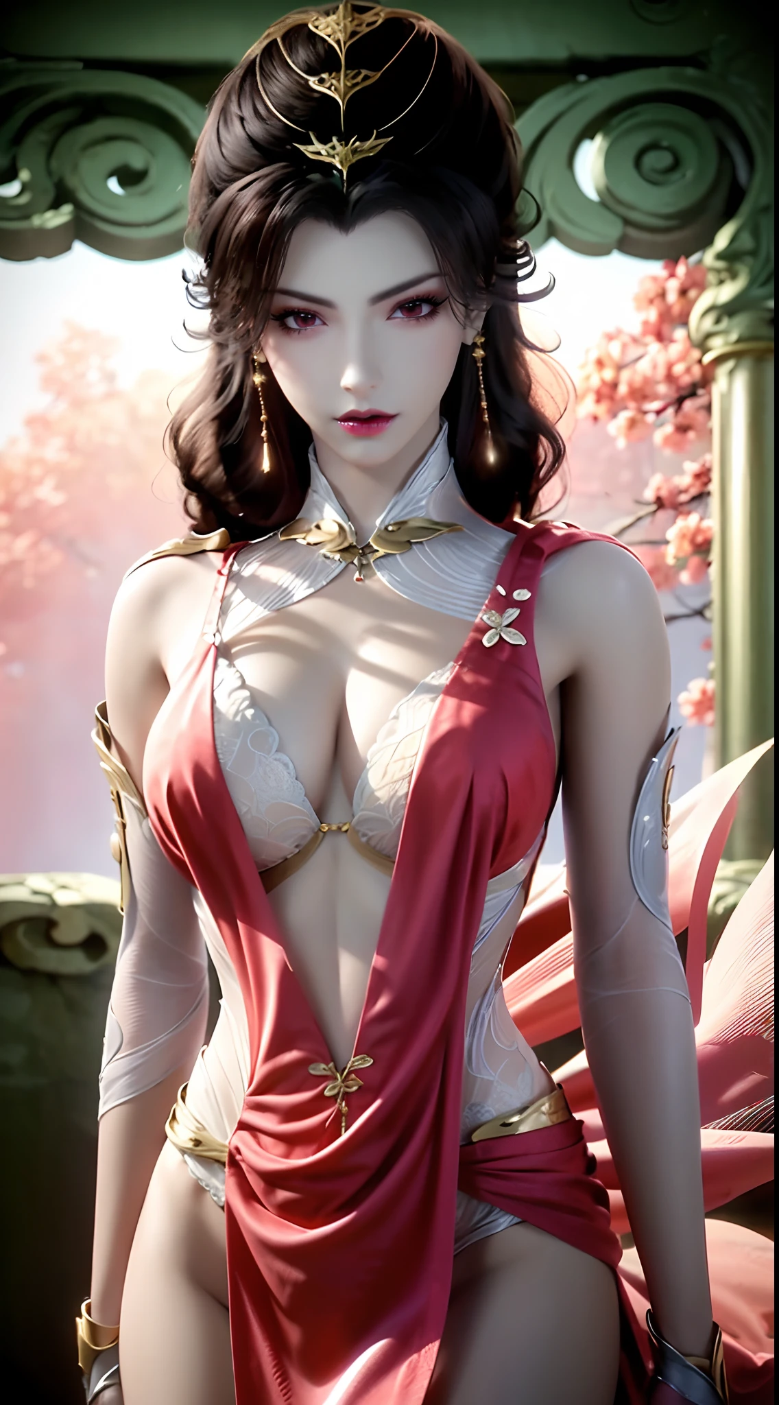 "1 beautiful girl wearing a traditional costume, a long thin pale pink dress made of meticulously made silk, deep slit shirt, historical style costumes, sexy ancient style, jet black curly hair, the most beautiful and detailed hair jewelry, beautiful little face thin eyebrows, the most beautiful and spotless face, ((black iris:0.8)), the very beautiful eyes, big round eyes, ((brown pink color eyes:1.1)), fine and detailed makeup eyelashes, high nose, wearing earrings, small red lips, rosy face, clean face, beautiful face without blemish, smooth white skin, ((big breasts:1.2)), Blums boobs, ((big and super round breasts:1.5)), ((super tight breasts:1.2)), ((breast augmentation:1.5)), beautiful breasts, slim and petite body, ((thin waist: 0.9)), frontal portrait of a beautiful girl, sexy girl, skirt, fishnet stockings color coordinated according to the outfit, pose elegantly, elegantly, and politely, 8k photo, super high quality, super realistic, 10x super pixels, photo realistic, dark studio, border light, two tone light, (detailed skin high: 1.2), 8k uhd, dslr, soft light, high quality, volumetric light, candid, Photo, high resolution, light, best photo, 4k quality, 8k, Bokeh, Smooth and sharp, pixel up 10 times, lightning, super graphics, the most realistic graphics, (((red thunder background:1.4)))1 girl, alone, solo, (((frontal portrait:1))), Extremely sharp, super realistic images, ((outside scene of falling peach blossoms:1.2))), ((angle shot tilted from bottom to 45 degrees)),"
