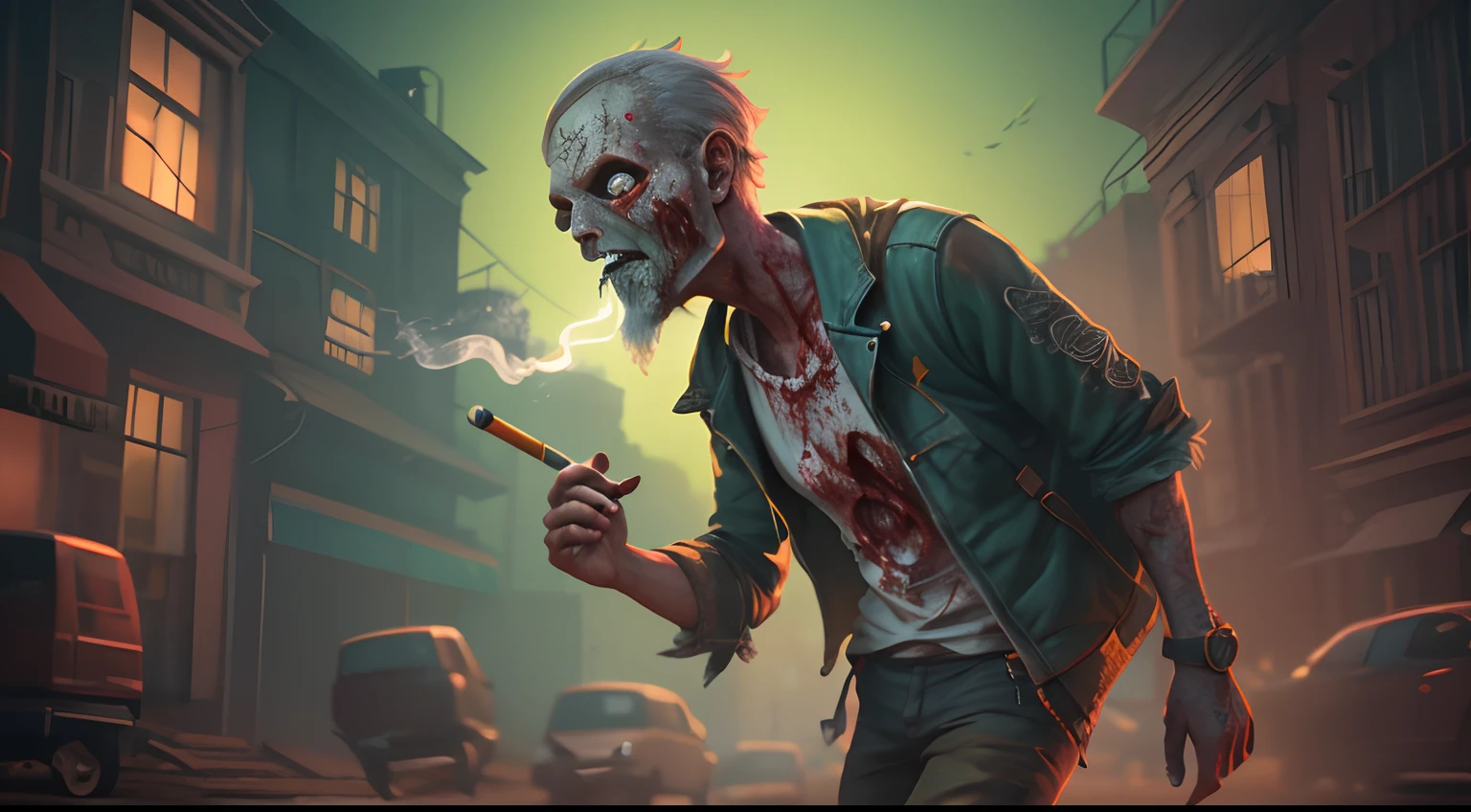 A walking zombie, , smoking a joint. Vector Graphics, natural lighting, 8k, highly detailed, digital painting, concept art, sharp focus, cinematic lighting, glowing lighting, realistic dramatic lighting 8k cinematic intricate details cinematic lighting, illustration by steve simpson