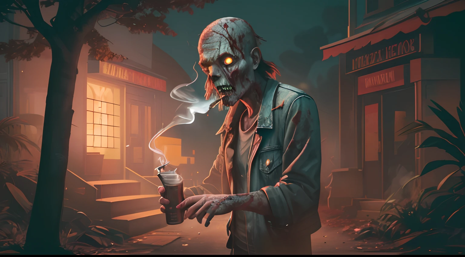 A walking zombie, , smoking a joint. Vector Graphics, natural lighting, 8k, highly detailed, digital painting, concept art, sharp focus, cinematic lighting, glowing lighting, realistic dramatic lighting 8k cinematic intricate details cinematic lighting, illustration by steve simpson