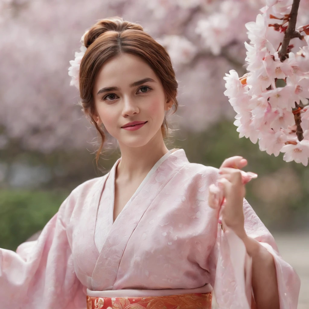 (best quality,4k,8k,highres,masterpiece:1.2),ultra-detailed,(realistic,photorealistic,photo-realistic:1.37),Emma Watson in Japanese kimono,cute smile,shyness,extremely detailed face and eyes,beautiful detailed lips,soft and smooth light,detailed hands with long slim fingers,detailed costume with intricate patterns,full body view,traditional Japanese garden as the background,vibrant colors,HDR lighting,peaceful ambiance,traditional art style,graceful poses,glimmering sakura petals in the air