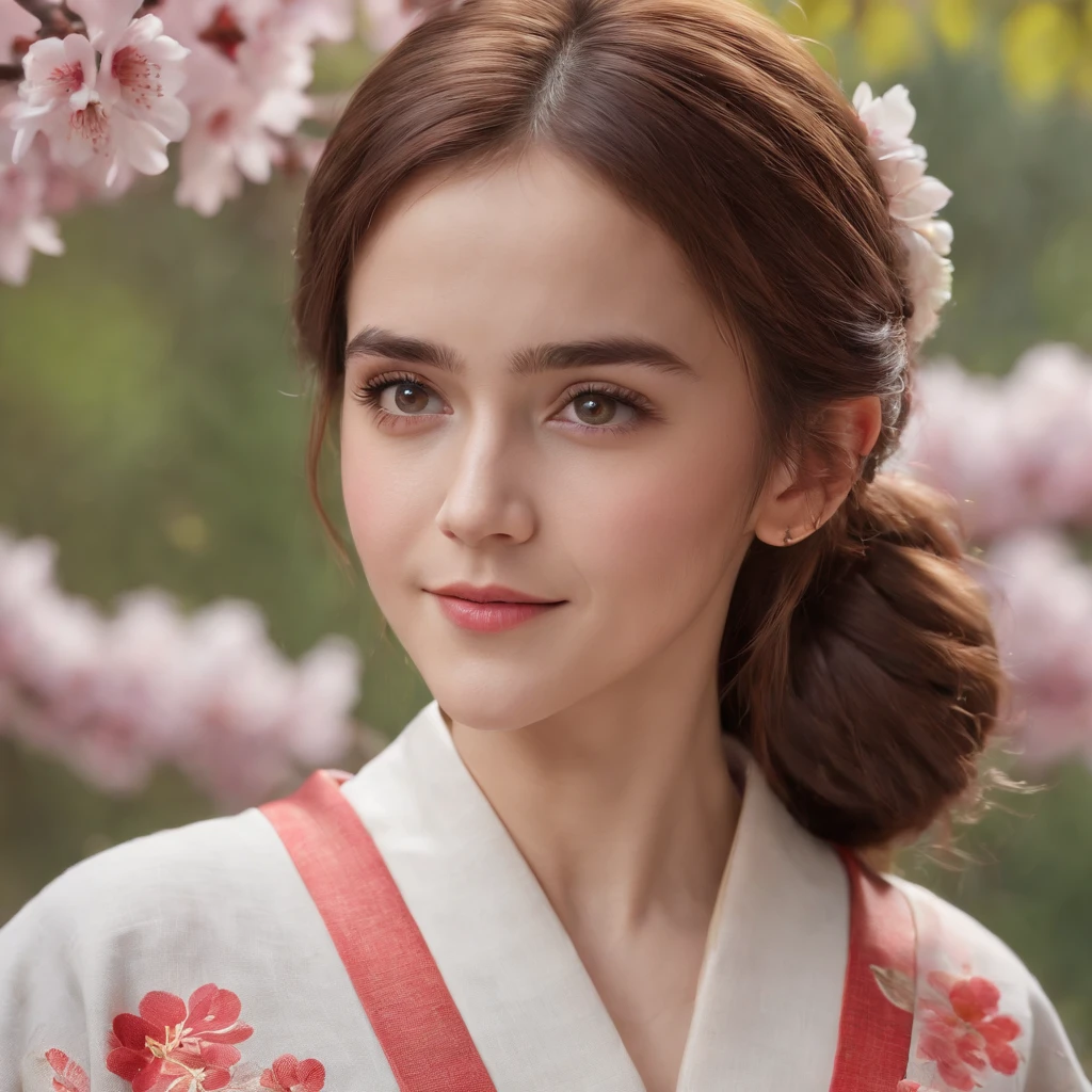 (best quality,4k,8k,highres,masterpiece:1.2),ultra-detailed,(realistic,photorealistic,photo-realistic:1.37),Emma Watson in Japanese kimono,cute smile,shyness,extremely detailed face and eyes,beautiful detailed lips,soft and smooth light,detailed hands with long slim fingers,detailed costume with intricate patterns,full body view,traditional Japanese garden as the background,vibrant colors,HDR lighting,peaceful ambiance,traditional art style,graceful poses,glimmering sakura petals in the air