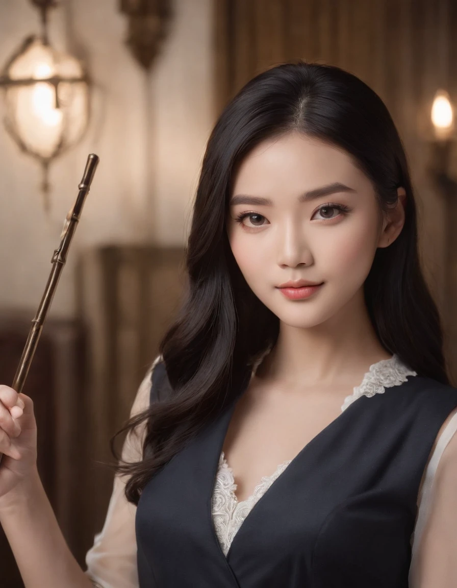 A beautiful Chinese model, with long, black hair, large, captivating eyes, and an oval face, holding a magic wand in his hand, is the subject of this studio portrait masterpiece. Her skin is white, her smile radiant, and her skin texture rich. She is dressed in a black Ravenclaw uniform,
