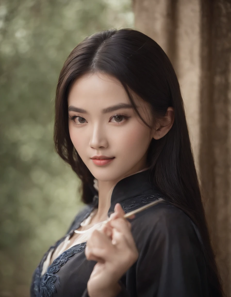 A beautiful Chinese model, with long, black hair, large, captivating eyes, and an oval face, holding a magic wand in his hand, is the subject of this studio portrait masterpiece. Her skin is white, her smile radiant, and her skin texture rich. She is dressed in a black Ravenclaw uniform,