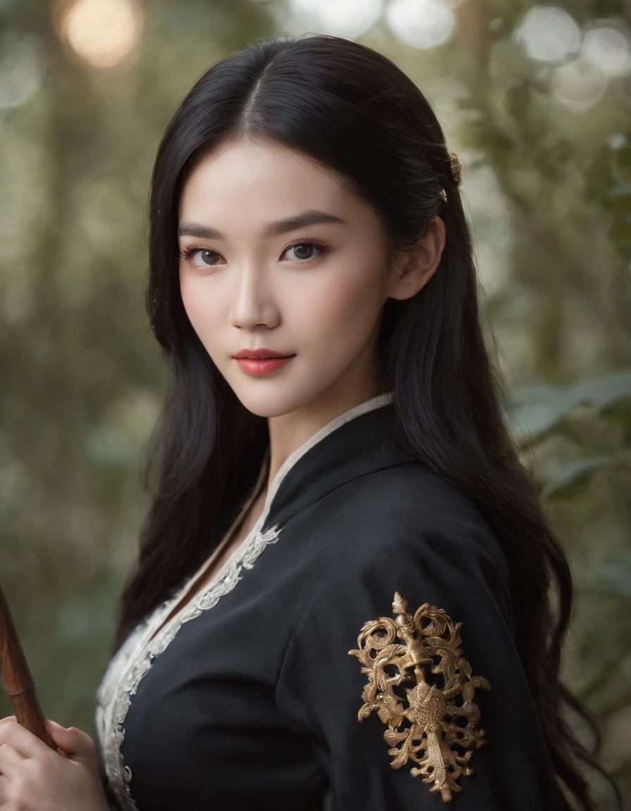 A beautiful Chinese model, with long, black hair, large, captivating eyes, and an oval face, holding a magic wand in his hand, is the subject of this studio portrait masterpiece. Her skin is white, her smile radiant, and her skin texture rich. She is dressed in a black Ravenclaw uniform,