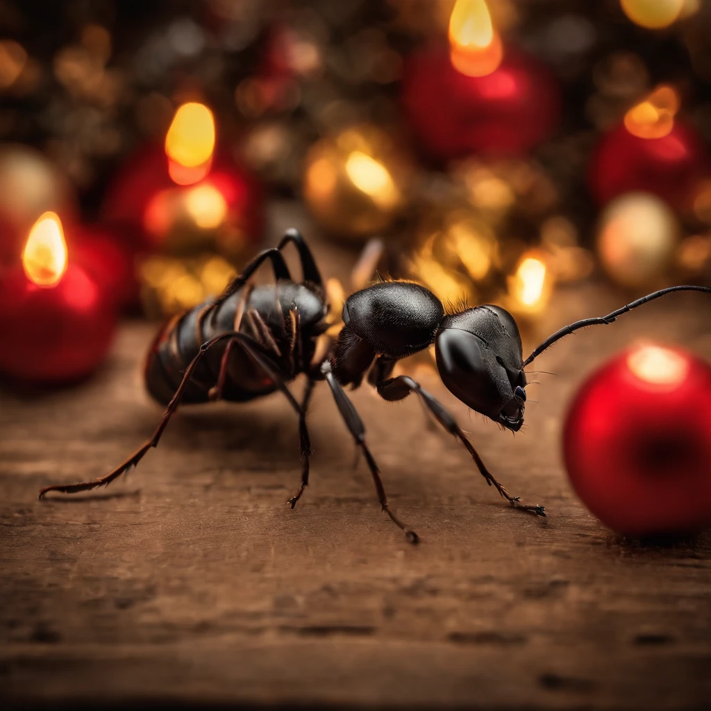 an ant surrounded with many gifts in shiny Christmas with colorful light