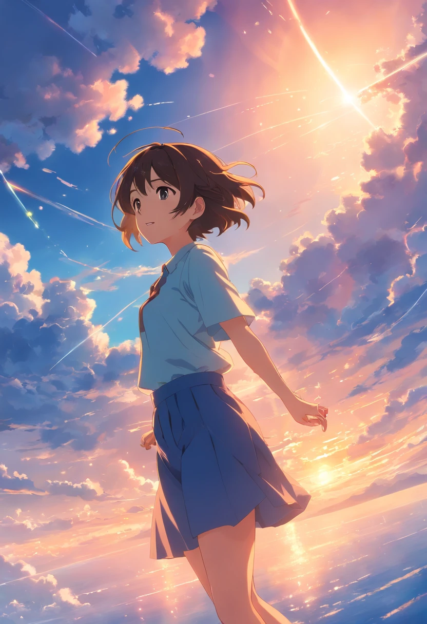 masterpiece, best quality, movie still, 1girl, cloud girl, floating in the sky, close-up, bright, happy, warm soft lighting, sunset, (sparks:0.7)