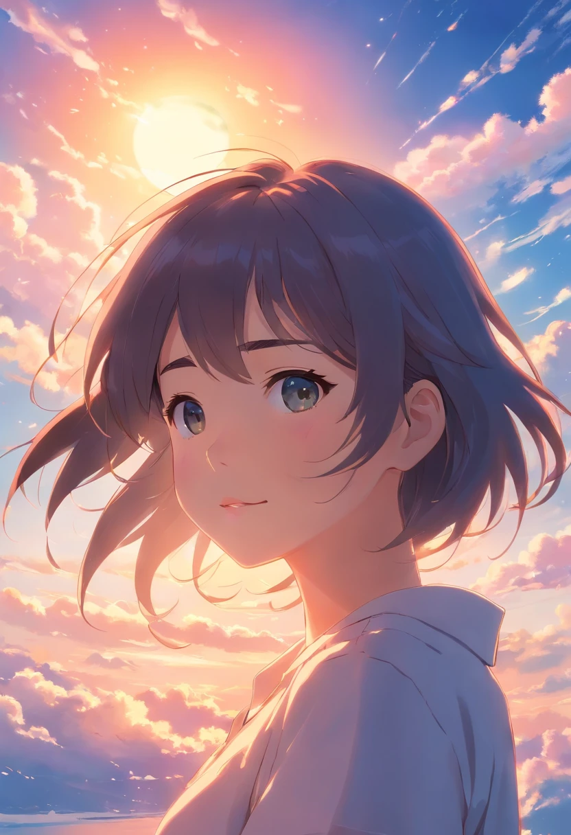 masterpiece, best quality, movie still, 1girl, cloud girl, floating in the sky, close-up, bright, happy, warm soft lighting, sunset, (sparks:0.7)