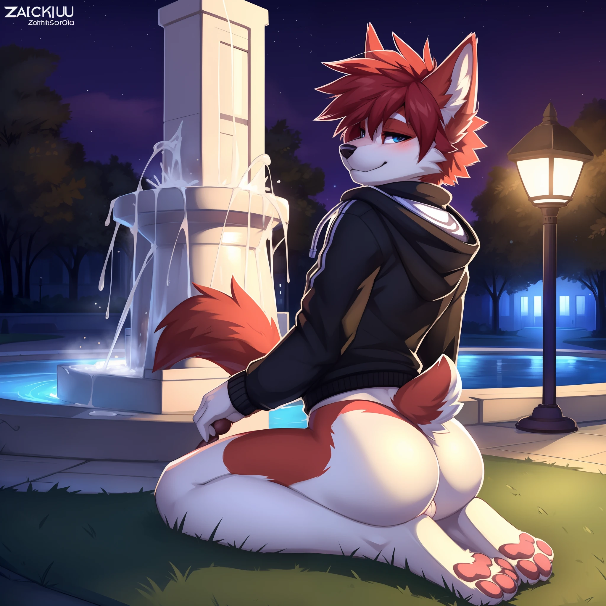 ((Nsfw)) by zackary911, (coffeesoda:1.1), hioshiru, zackary911, anthro, male, feminine, femboy jock, plump ass, solo, clothing, fur, 2022, hoodie, black croptop, lidded eyes, balls, canine sheath, erected with knot, tight , naughty expression, black hoodie, In public park, nighttime, kneeled facing the water fountain, milk spilling into the water making a big mess