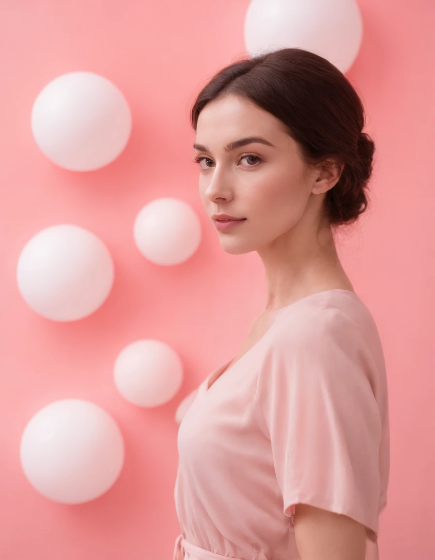 young woman standing against group of divided spheres, pale pink background, high quality photography, full shotportrait model pose, (medium shot)