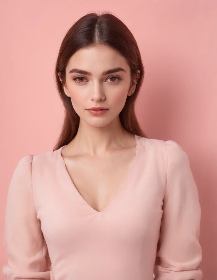 young woman standing against group of divided spheres, pale pink background, high quality photography, full shotportrait model pose, (medium shot)