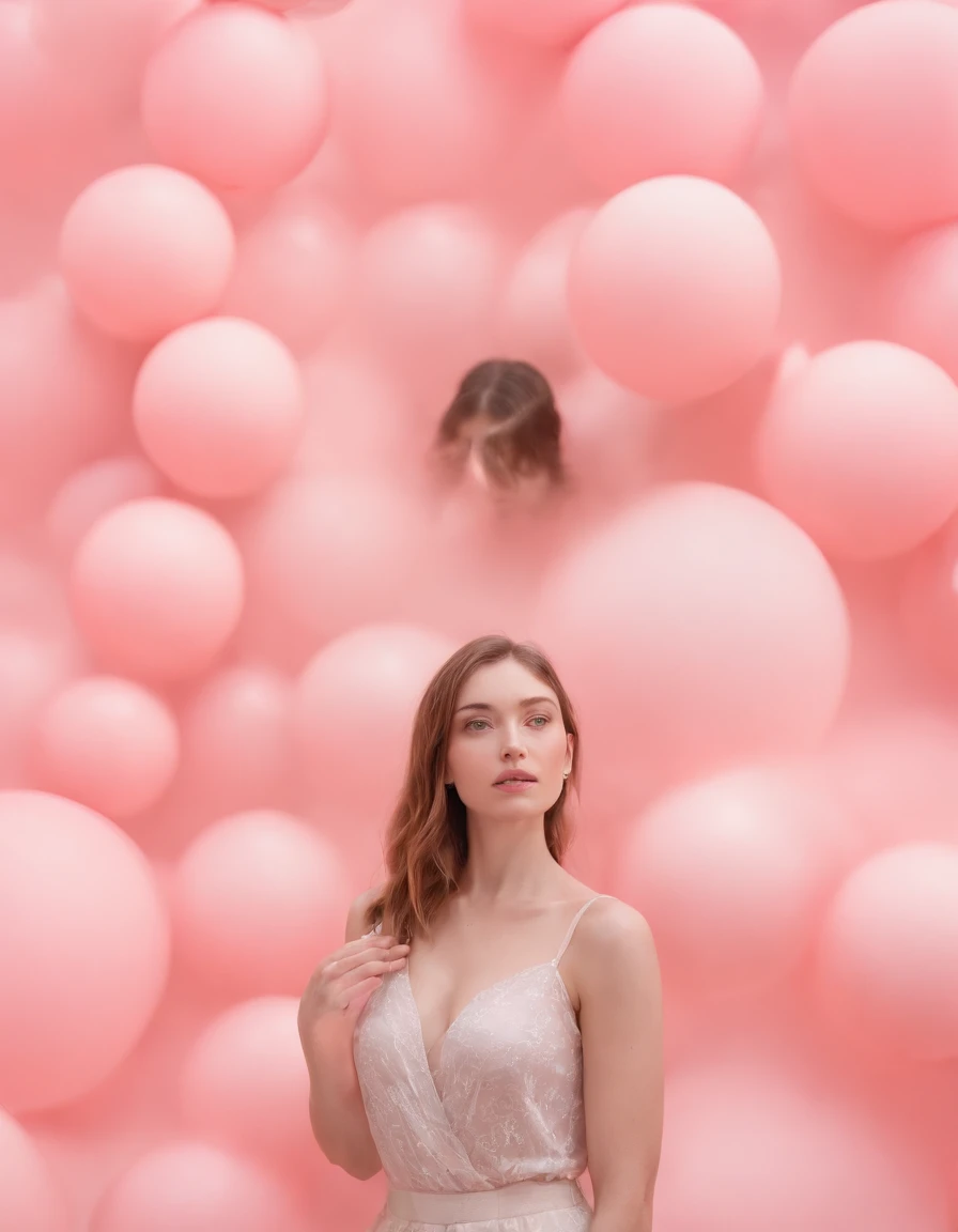 young woman standing against group of divided spheres, pale pink background, high quality photography, full shotportrait model pose, (medium shot)