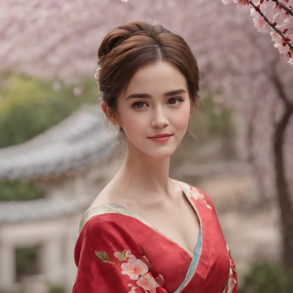 (best quality,4k,8k,highres,masterpiece:1.2),ultra-detailed,(realistic,photorealistic,photo-realistic:1.37),Emma Watson in Chinese Qipao,cute smile,shyness,extremely detailed face and eyes,beautiful detailed lips,soft and smooth light,detailed hands with long slim fingers,detailed costume with intricate patterns,full body view,traditional Japanese garden as the background,vibrant colors,HDR lighting,peaceful ambiance,traditional art style,graceful poses,glimmering sakura petals in the air