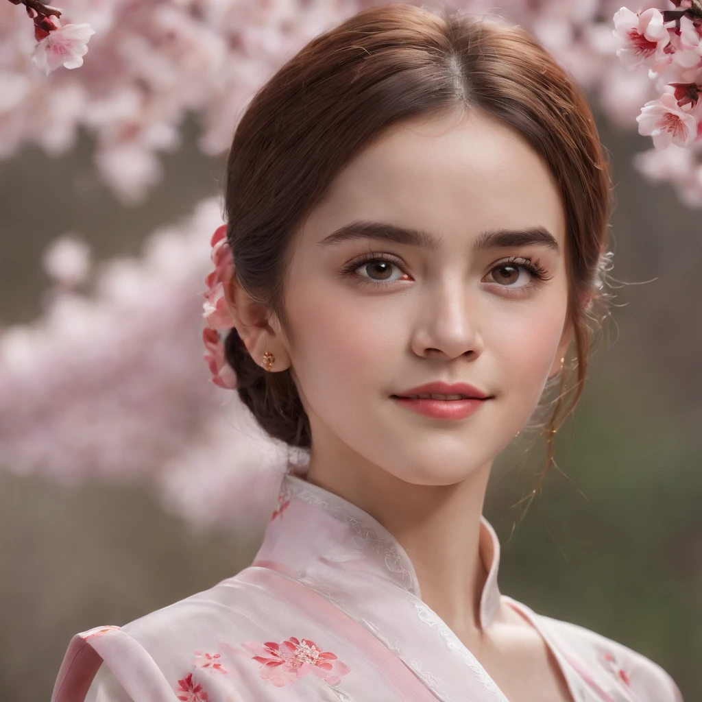 (best quality,4k,8k,highres,masterpiece:1.2),ultra-detailed,(realistic,photorealistic,photo-realistic:1.37),Emma Watson in Chinese Qipao,cute smile,shyness,extremely detailed face and eyes,beautiful detailed lips,soft and smooth light,detailed hands with long slim fingers,detailed costume with intricate patterns,full body view,traditional Japanese garden as the background,vibrant colors,HDR lighting,peaceful ambiance,traditional art style,graceful poses,glimmering sakura petals in the air