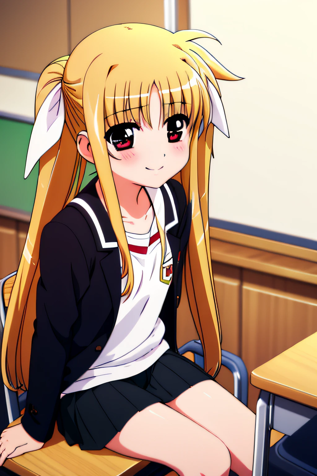 hightquality,hight resolution,red blush,a smile,Classroom Desk,eyes gentle,,sitting on,