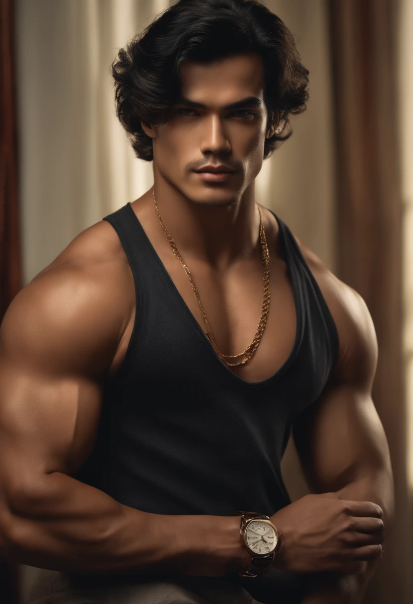 (best quality,ultra-detailed,high resolution,masterpiece:1.2),detailed portrait of a man with extraordinary physique,(realistic,photo-realistic:1.37),epic scene,dark aeshtetic,Japanese artist Rumiko's interpretation of 90s and 80s retro style,fine brushwork,evocative atmosphere,moody lighting,strong contrast, vivid colors,multiple focus points,impeccable attention to facial features and musculature,seamless blending of traditional and contemporary influences,expressive eyes and lips,captivating gaze,impressive body proportions,intricately crafted clothing inspired by the 90s and 80s fashion,confident and charismatic posture,memorable and nostalgic flair.