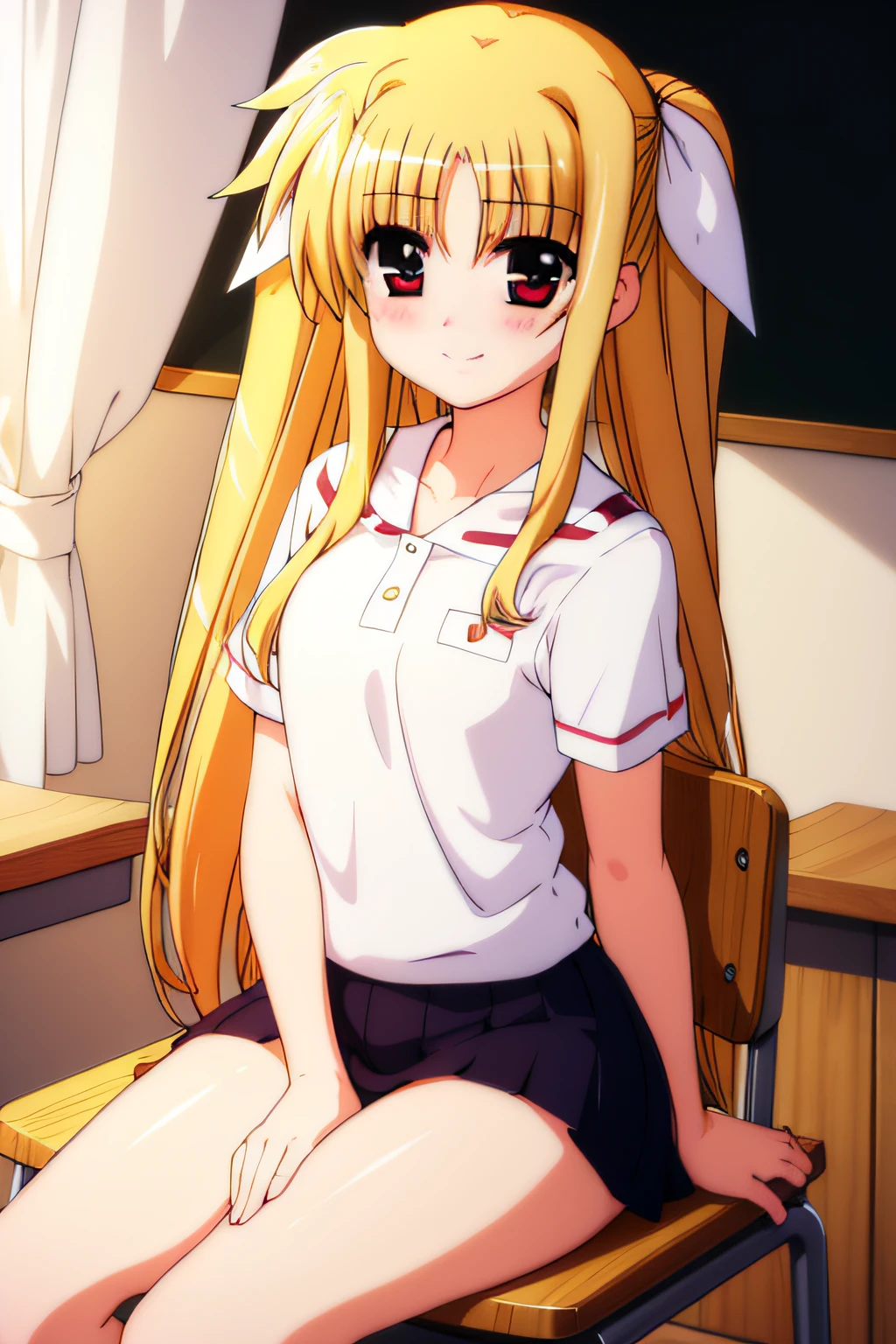 hightquality,hight resolution,red blush,a smile,Classroom Desk,eyes gentle,,sitting on,