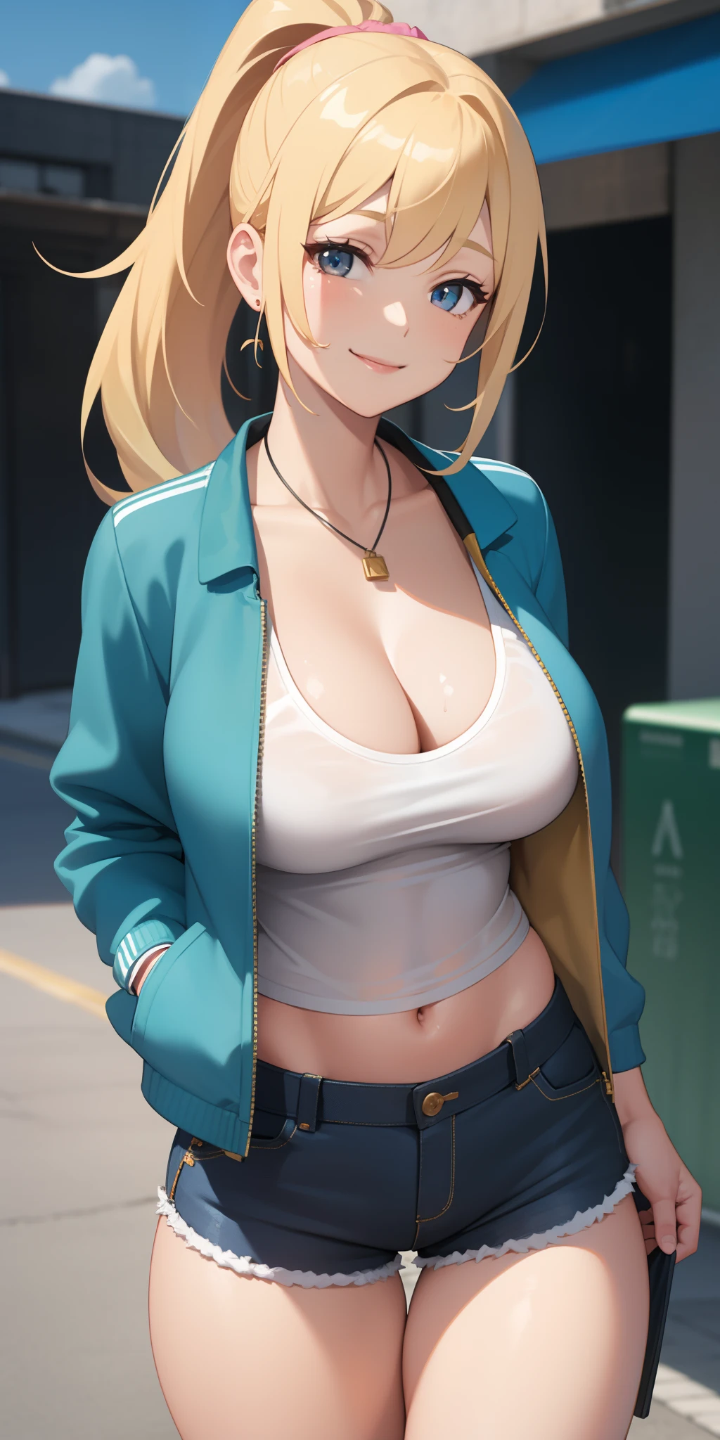 Gal, blonde ponytail, large breasts, thighs, camisole, shorts, cleavage, open jacket, (close shot,best quality:1.5, highres, UHD, 4K), street background, smiling